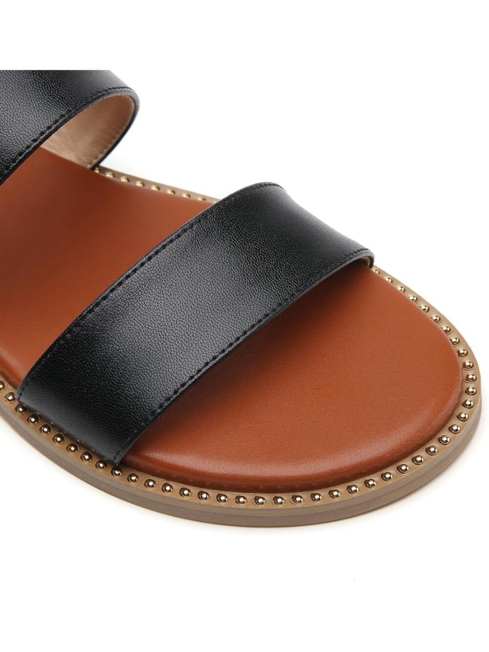 Women's Black Lightweight Stylish Double Straps Rivet Trim Slides Flat Sandals - Picture 3 of 6